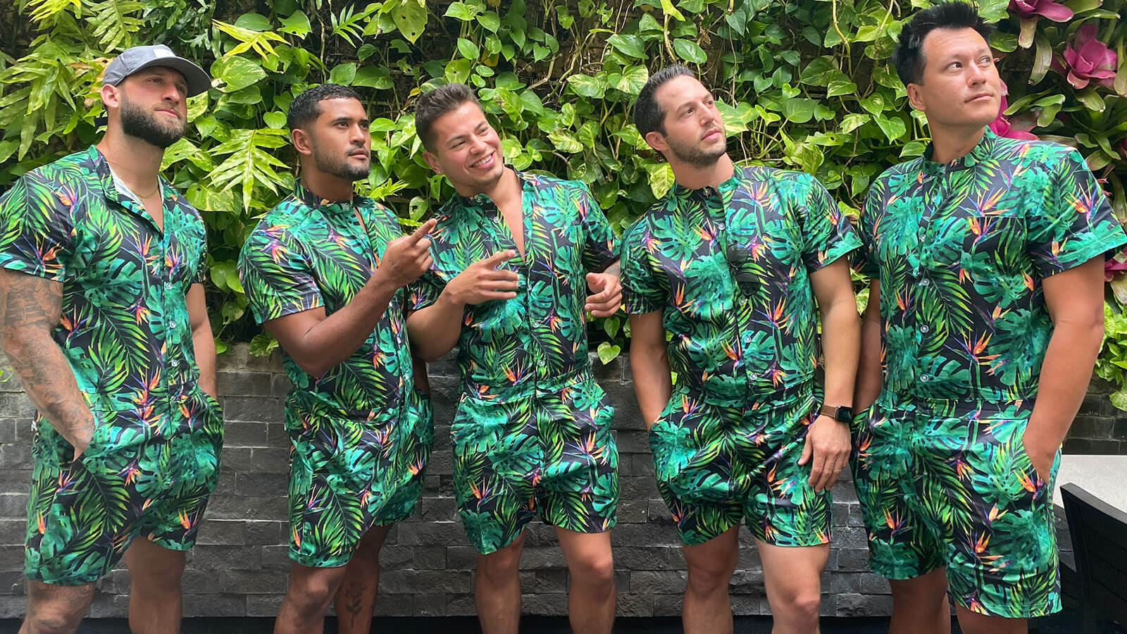 shop bachelor RompHims - image of men wearing the Jungle RompHim